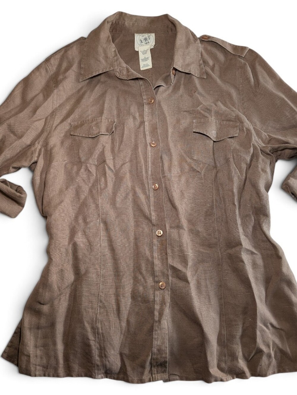 Chaus Organic 100% Linen Safari Utility Button Down Shirt Walnut Brown Large